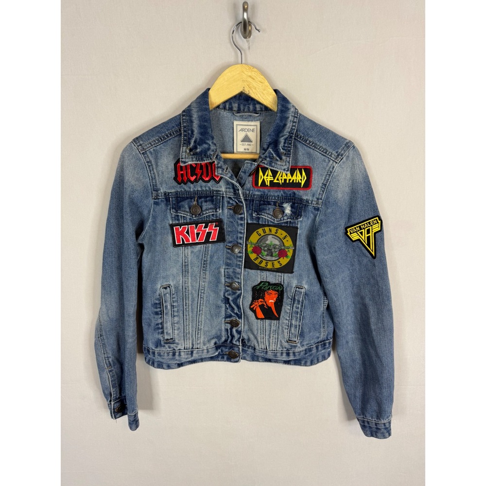 Ardene Womens M Denim Jacket Rock Band Patches AC/DC KISS Guns N Roses Studs